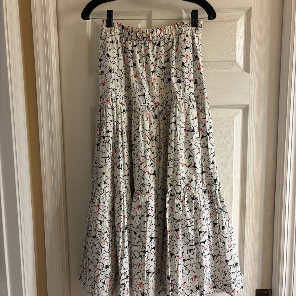 Zara White Tiered Maxi Skirt with Black & Pink Floral Print